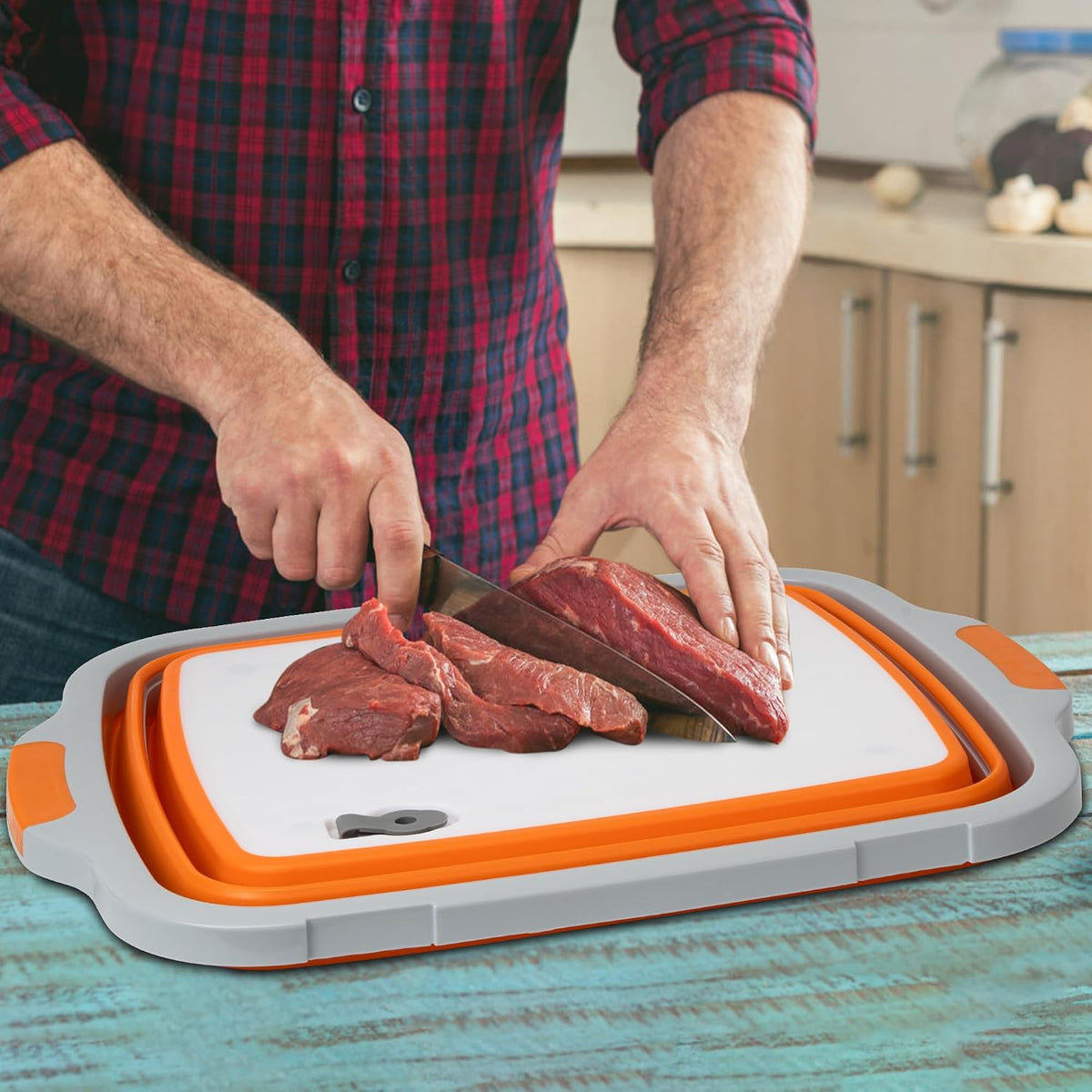 Collapsible Cutting Board(2.11 Gal/8L), BBQ Prep Tub with Locking Lid, Foldable Camping Sink with Colander, Multifunction Dish Basin for Kitchen, Bowl, Vegetable and Fruit, Storage Basket for Picnic