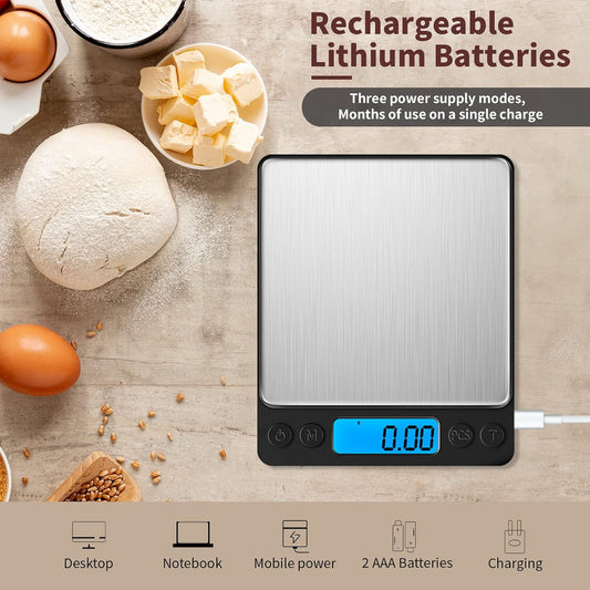 Small Digital Gram Scale 1000g by 0.01g, High Accuracy Scale for Food Ounces and Grams, Upgrade USB Charging Kitchen Scale Digital Weight for Cooking, Baking, with Tare Function, 9 Units, 2 Tray