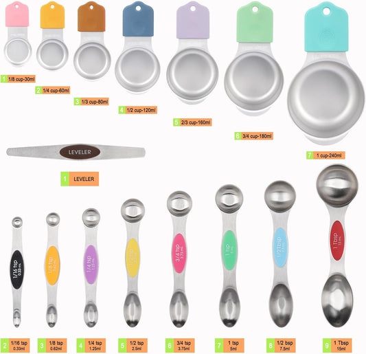 Magnetic Measuring Cups and Spoons Set, 17 Pcs Stainless Steel Measuring Cups and Spoons set for Measure Dry Liquid Ingredients with 7 Measuring Cup 8 Metal Spoon 1 Leveler 1 Funnel Colored