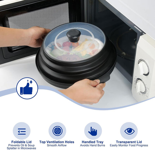 Microwave Splatter Cover for Food with Handle &Heat-Resistant Mat, 10.7" Collapsible Microwave Plate Cover - BPA Free, Dishwasher Safe Food Lid, Multi-Use Colander & Steamer for Meal Prep (Black)