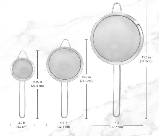 3 Fine Mesh Strainers Set with Handle for Kitchen - Sizes 7", 4.7", 3.3", Easy Clean 304 Stainless Steel, Comfortable Non-Slip Grip. Ideal for Tea, Coffee, Rice, Quinoa, Veggies & Fruits