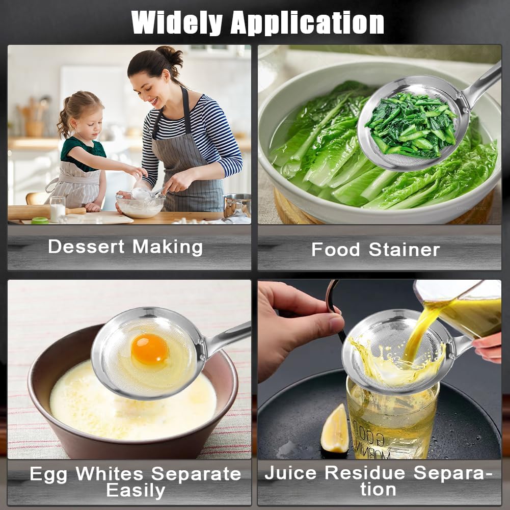 2PCS Stainless Steel Fine Mesh Skimmer, Fat Skimmer Spoon, 2 Sizes Long Handle Hand Held Strainer, Grease Spoon Skimmer For Cooking, Frying, Pasta, Egg, Foam