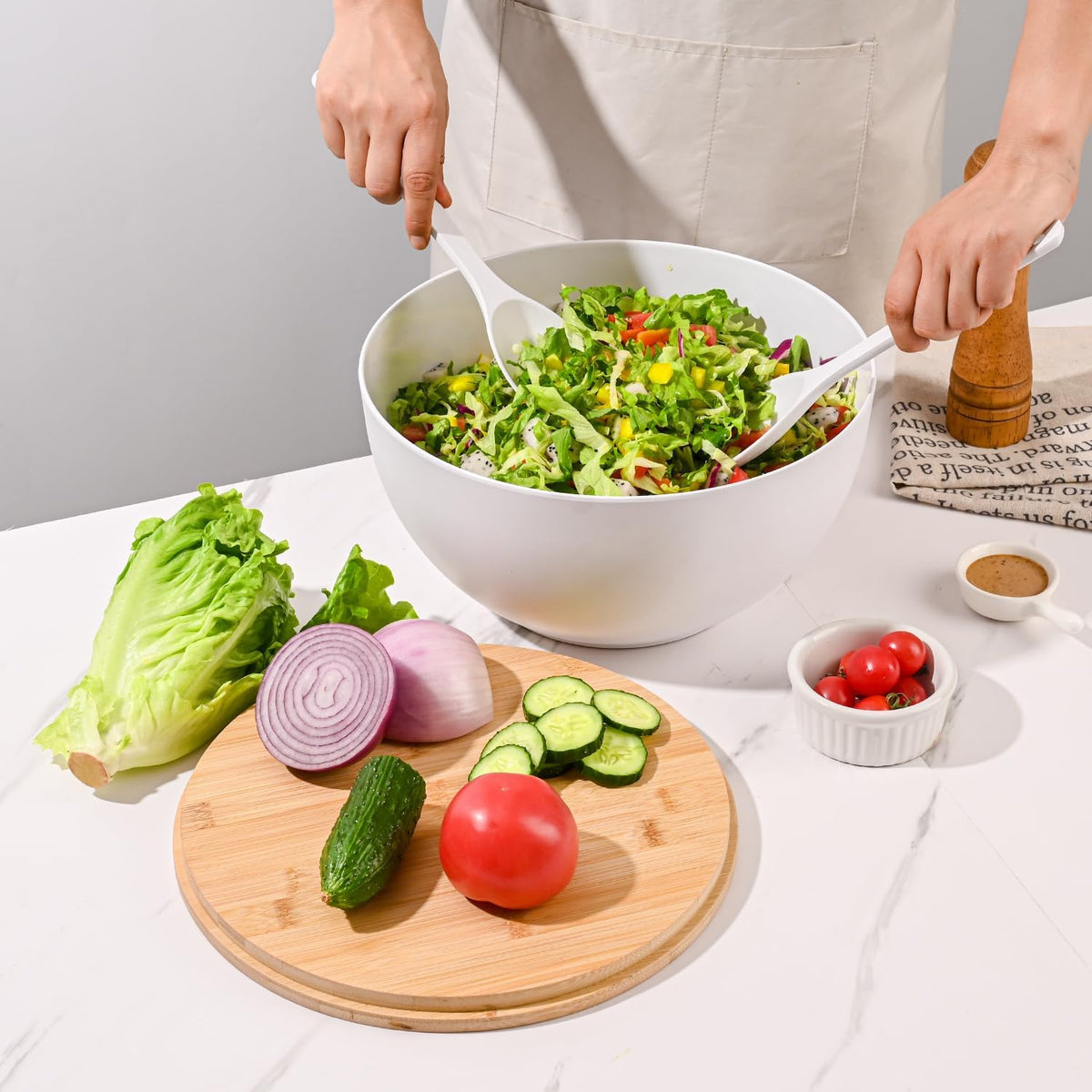 Bamboo Fiber Salad Bowl with Servers Set Large 9.8 inches Nature Bamboo Mixing Bowl with Servers with Lid Spoon and Fork for Fruits,Salads and Vegetables