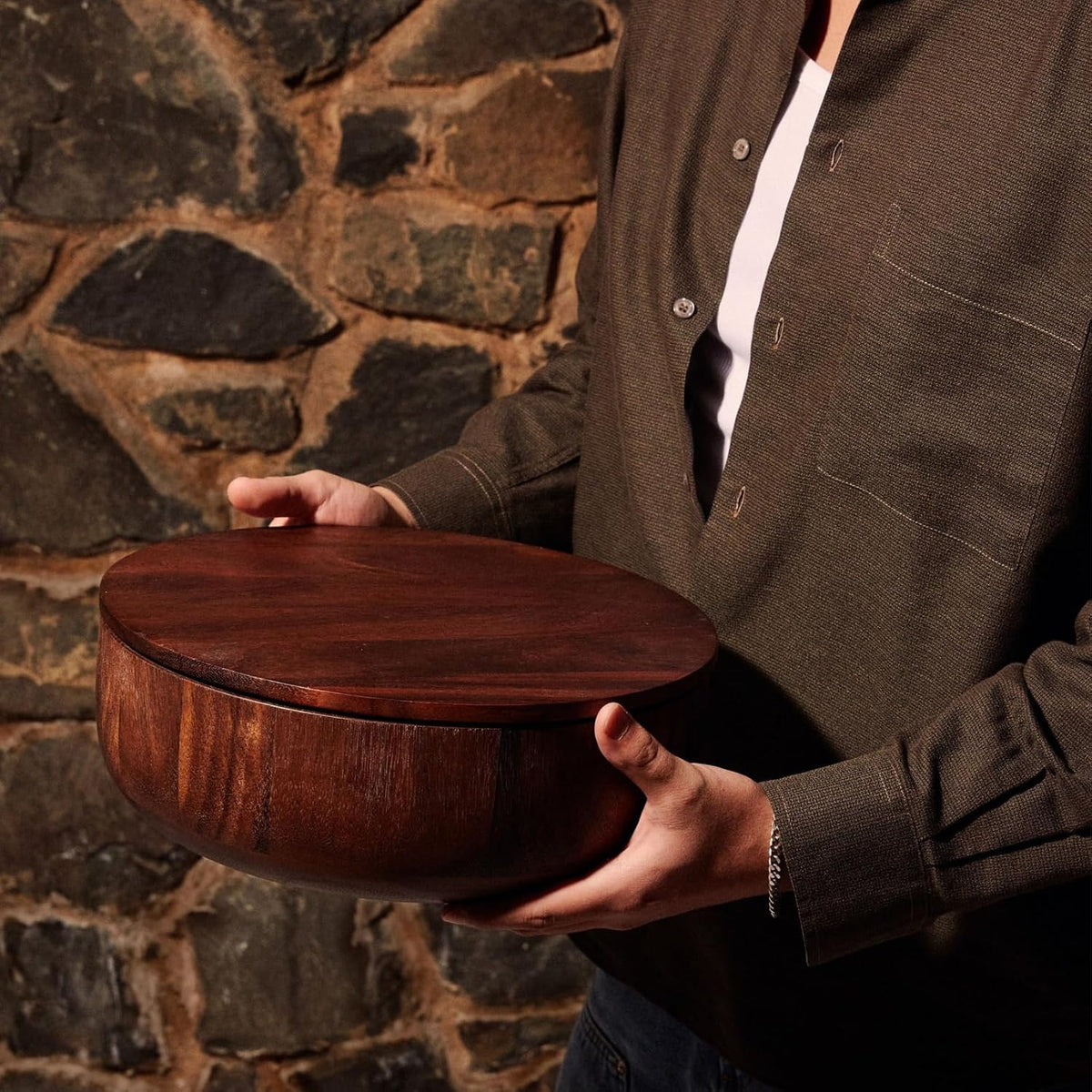 Studio Dot Salad Bowl | Large Walnut Wood Serving Bowl with Matching Lid for Storage & Transport | Sloped Sides for Easy Serving | Modern Entertaining & Hostess Gift Dinner Table Home Decor