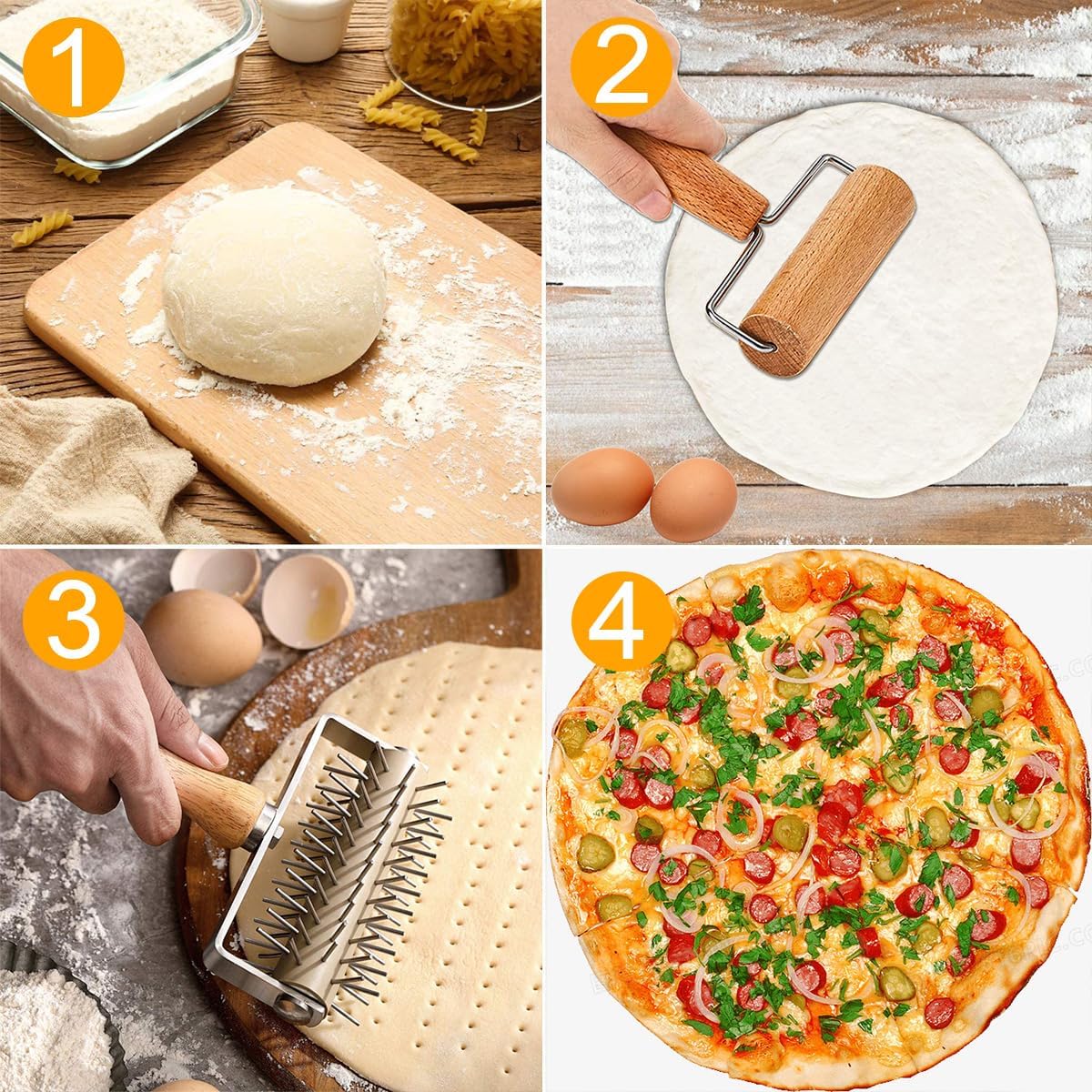 Dough Docker Roller Stainless Steel and Wooden Dough Roller, Set of 2 Pizza Pin Roller Dough Hole Maker Wood Pastry Pizza Roller for Pizza, Cookie, Pie, Pastry, Bread, Crust