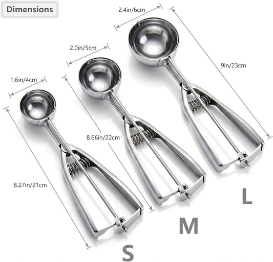 Ice Cream Scoop, 3Pcs Cookie Scoop Set, Stainless Steel Ice Cream Scooper with Trigger Release, Large/Medium/Small Cookie Scooper for Baking, Cookie Scoops for Baking Set of 3 with Cookie Dough Scoop…