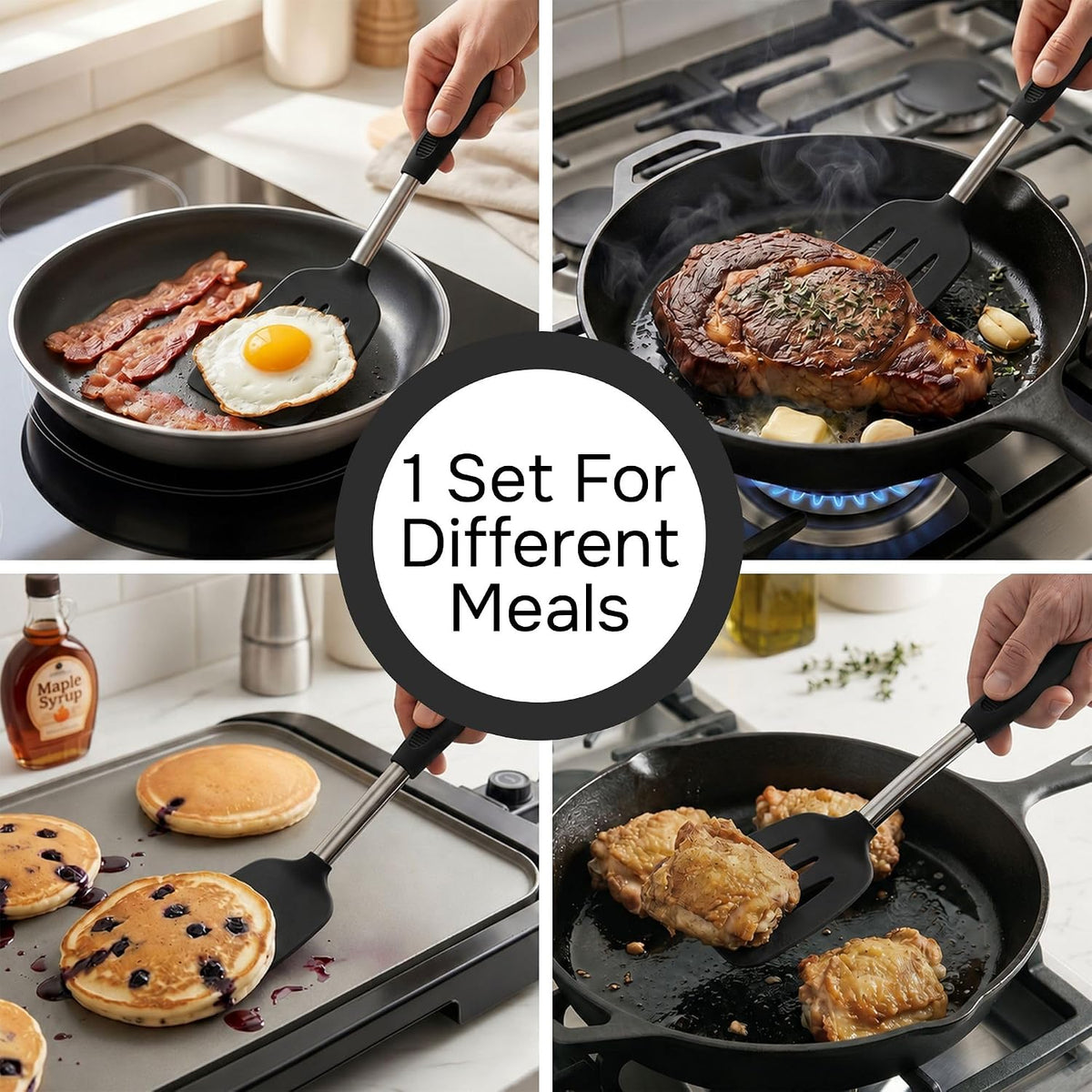 Silicone Spatula Set (2-Pc) - 600°F Heat Resistant, BPA Free, Non-Scratch, Dishwasher Safe I Slotted & Solid Kitchen Spatula Turners I Ideal for Eggs, Pancakes, Fish I Stainless Steel I Gray