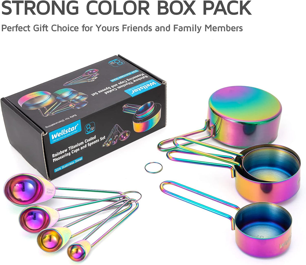 Measuring Cups and Spoons Set of 8, Food Grade 18/8 Stainless Steel Measure set for Dry Liquid Measurement, Rainbow Titanium Coated Kitchen Gadgets for Cooking Baking, 4 Cup and 4 Spoon