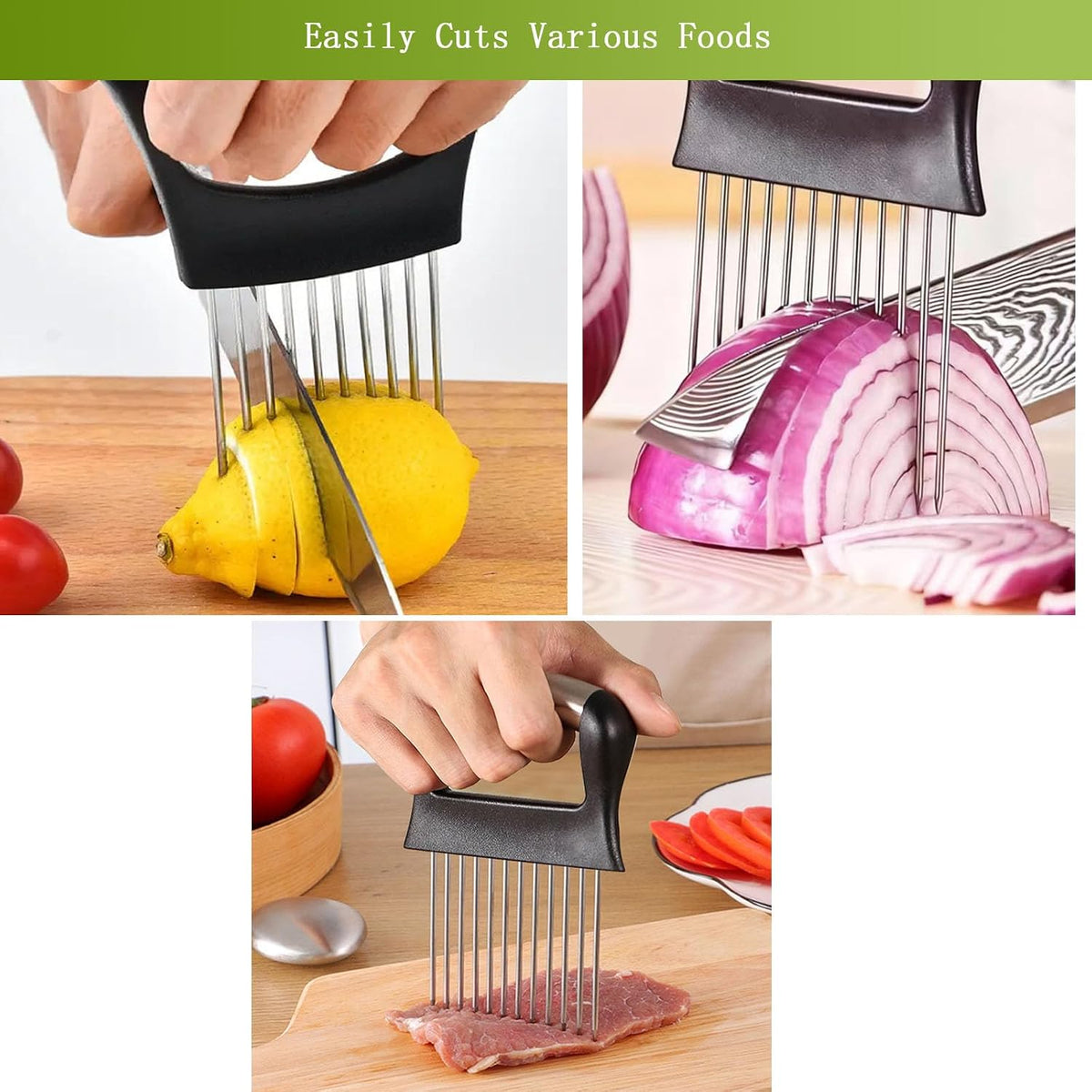 Onion Holder for Slicing - Stainless Steel Vegetable & Fruit Cutter Chopper for Onions,Potatoes, Tomatoes, Avocados, Eggs, Lemon &Meat - Kitchen Slicer Assistant with Neat Guide & Tenderizer.