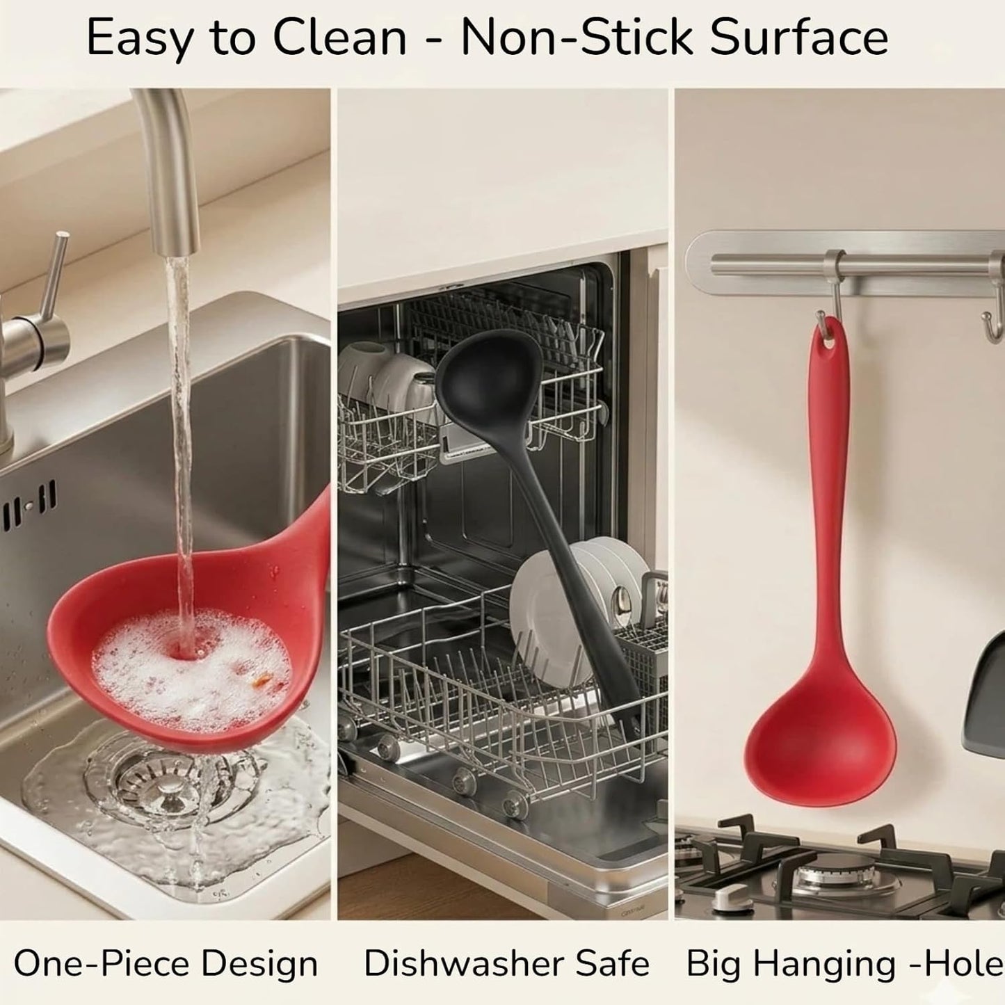 12" Silicone Ladle Spoon Set of 2, Long handle soup spoons Seamless & Nonstick, Heat resistant 600 °F Kitchen Soup Ladles for Cooking.