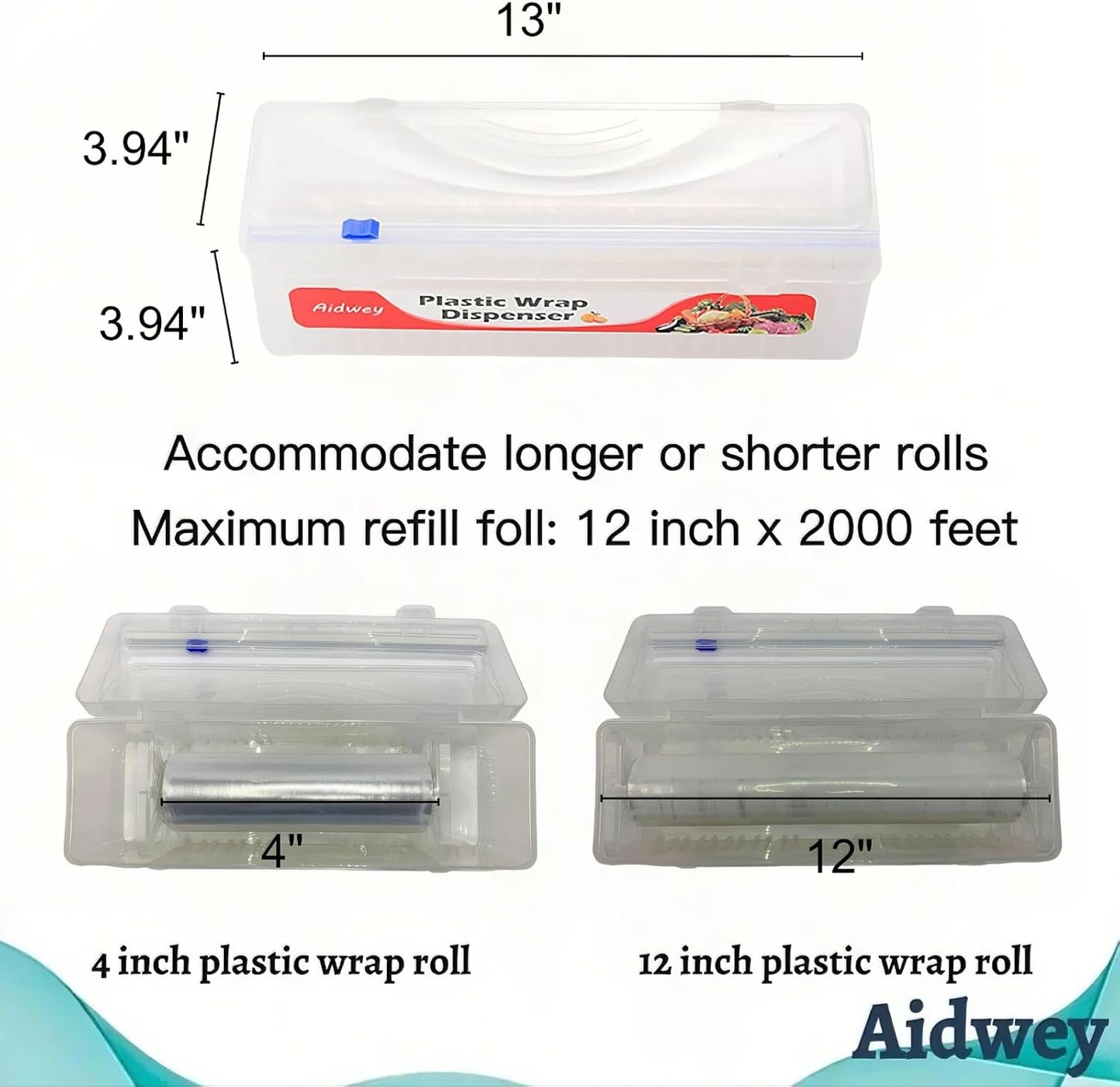 Plastic Wrap Dispenser with 12"x500ft BPA free Film - Cling Wrap Dispenser with Cutter for Food Film, Aluminum Foil, Baking Paper & More
