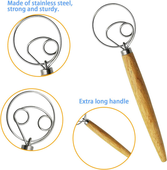 Danish Dough Whisk Bread Mixer & Egg Whisk Kits, 2 Pack Premium Stainless Steel Dutch & 1 Pack Hand Push Rotary Blender for Pastry Pizza Dough, with a Dough Scraper for Bread