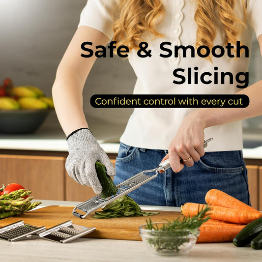 Gramercy Handheld Mandoline Slicer for Kitchen - Stainless Steel Veggie & Fruit Slicer with 4 Blades - Slicer, Julienne & Grater, Cut Resistant Safety Glove & Cleaning Brush Included, Dishwasher Safe