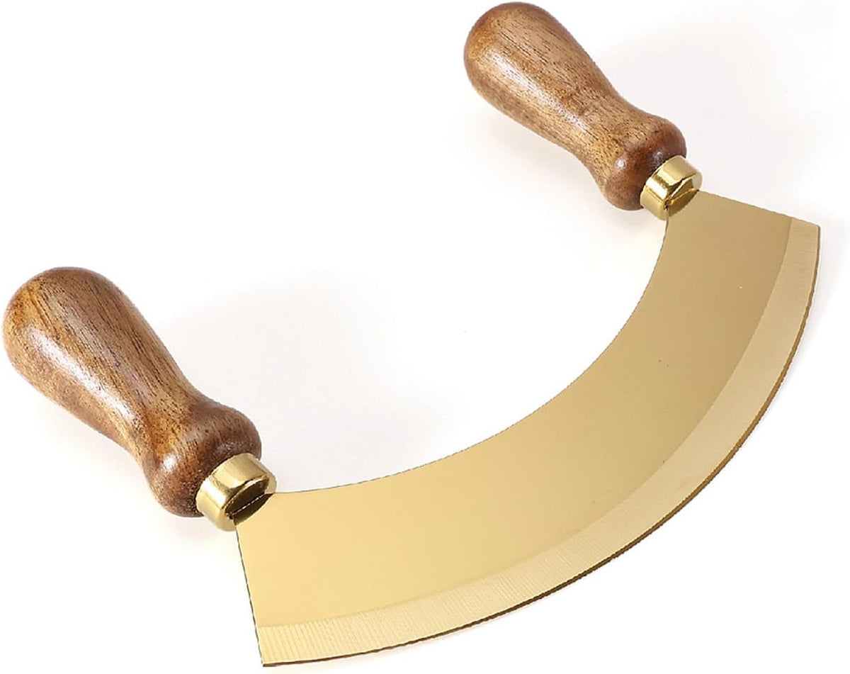 6.8 Inch Stainless Steel Mezzaluna Knife - Salad Chopper Rocker Pizza Cutter Rocker Knife Curved Blade Sharp Blade Double Acacia Wood Handle Fruit Vegetable Mincing (6.8 Inch Silver)