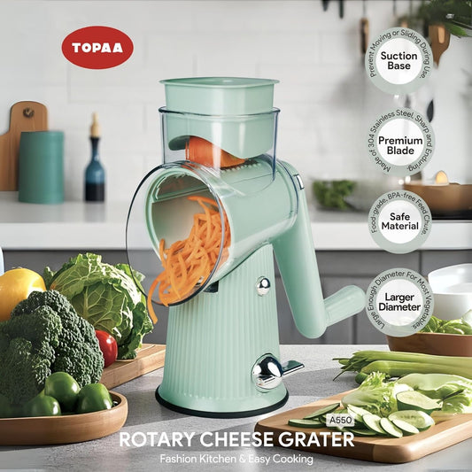 Rotary Cheese Grater with Handle - Vegetable Shredder with 5 Blades & Strong Suction Base, Round Slicer & Food Chopper for Kitchen (Green)