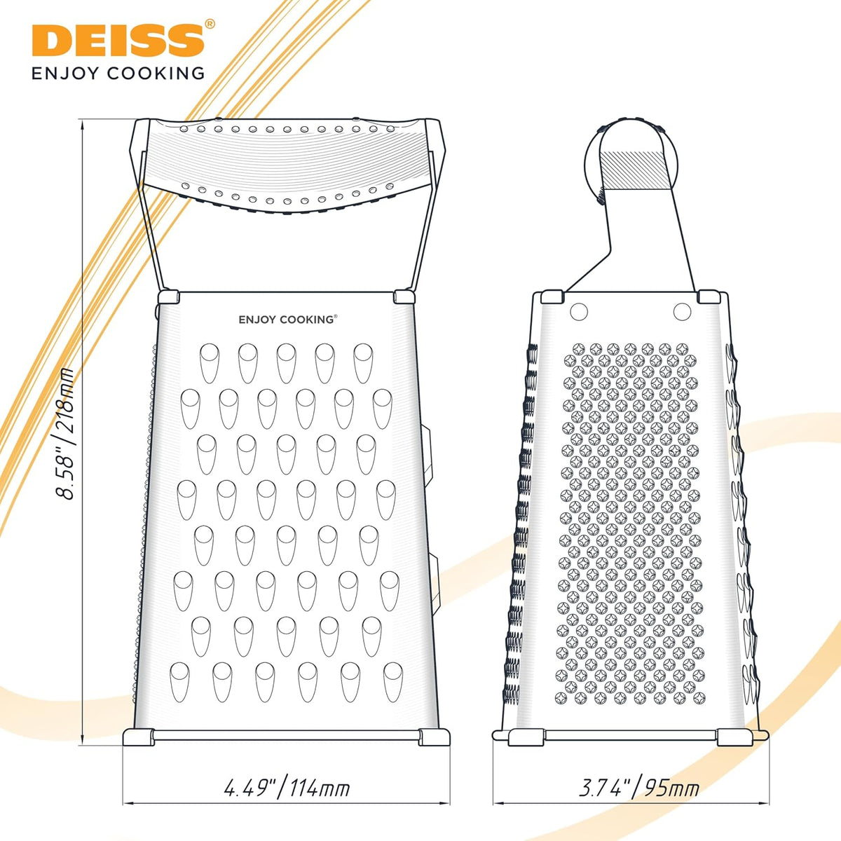 Deiss PRO Box Grater & Cheese Graters for Kitchen - Stainless Steel Cheese Grater and Food Shredder, 4 Sided Hand Grater for Block Cheese, Vegetables Non-Slip Base, Dishwasher Safe