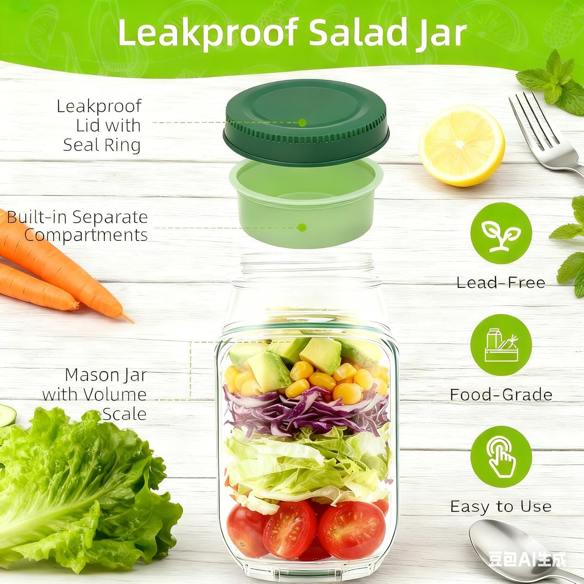 Salad Jar with Side Opening, Mason Jar Salad Leak Proof Dressing Container for Lunch with Dressing Compartment, Dishwasher Safe Meal Prep Box for Meal Prep Food Jars, Home, Office, Travel