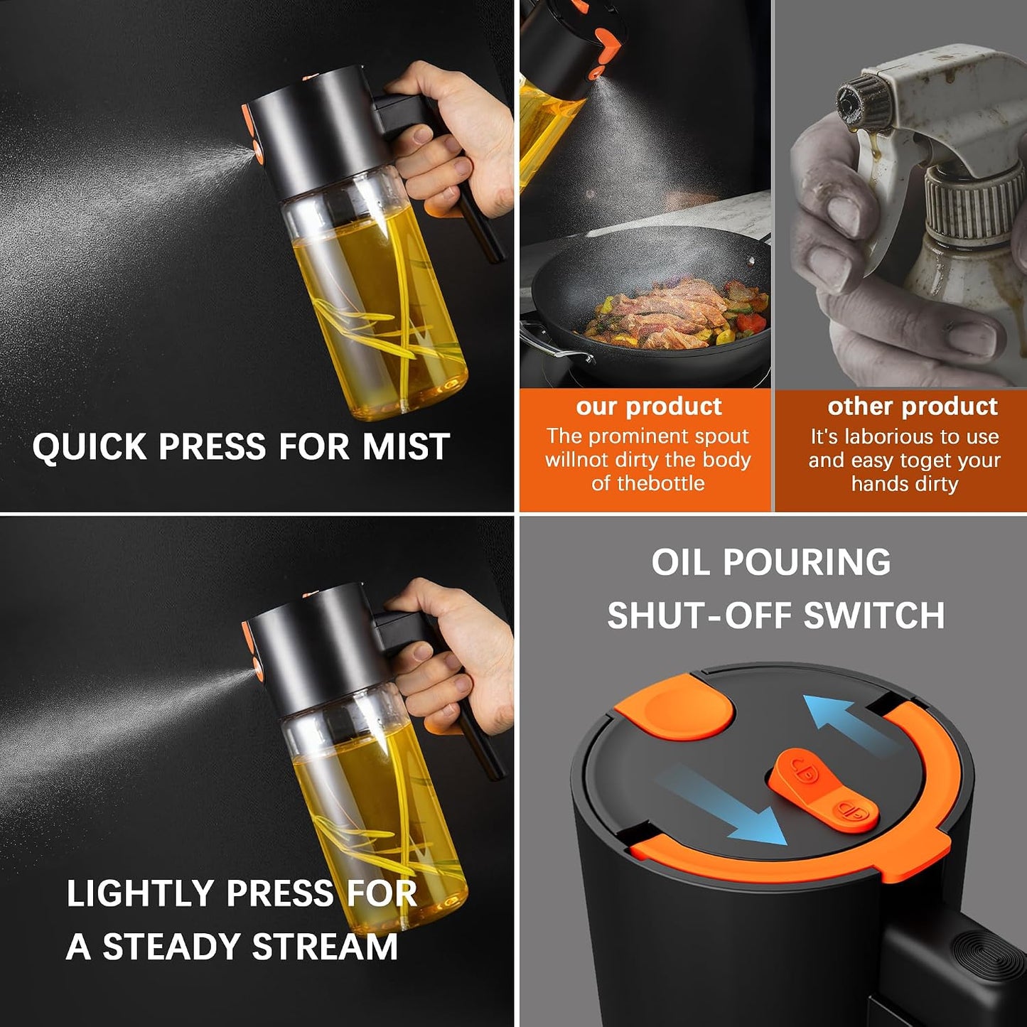 Glass 2 In 1 Olive Oil Dispenser Bottle for Kitchen Gadgets, Olive Oil Sprayer for Cooking 17oz/500ml (Light Blockage, Black)
