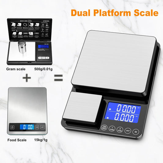 KKZ 0.001oz/33lb Kitchen Scale, Dual Platform Food Scale Grams and Ounces | for Weight Loss Baking Cooking Meal Prep Sourdough Bread, Stainless Steel, Auto-off, Tare&Summation Functions
