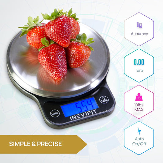 Digital Kitchen Scale, Highly Accurate Multifunction Food Scale 13 lbs 6kgs Max, Clean Modern Black with Premium Stainless Steel Finish. Includes Batteries