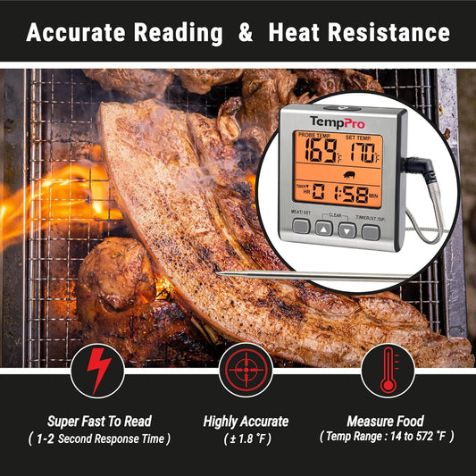 Digital Meat Thermometer for Cooking and Grilling, BBQ Food Thermometer with Backlight and Kitchen Timer, Grill Temperature Probe Thermometer for Smoker, Oven, Baking,Oil(Previously ThermoPro)
