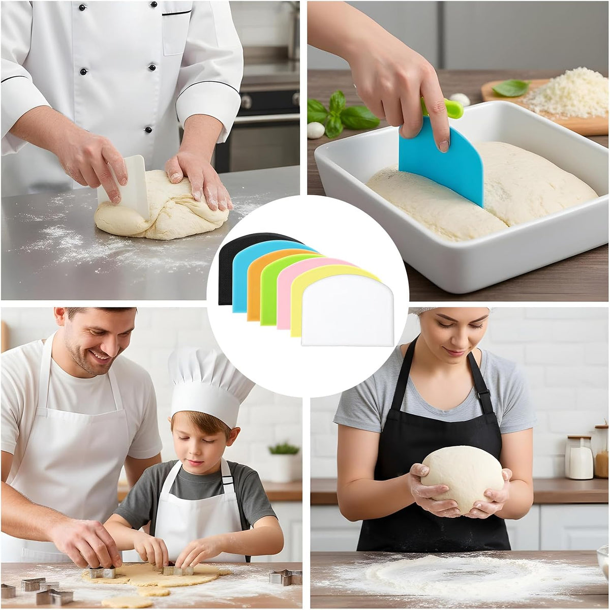 7 Pcs Dough Scraper Set, Bench Scraper Dough Bowl Food Scrapers Tool Cake and Pastry Scrapers Baking Supplies Kitchen Gadgets for Bread Cake Fondant Icing Pastry Kitchen Gadgets