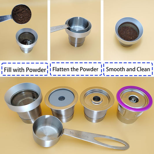 Reusable K Cup Refill Kit, 304 Stainless Steel 30ML Coffee Scoop & Aluminum Dosing Funnel, Non-Plastic Rustproof Easy to Clean, Fits Most K 1.0 & 2.0 Reusable Metal & BPA-Free Plastic K-Cups, Silver