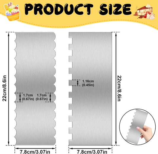 9 Inch Stainless Steel Cake Scraper Set 4 Different Shapes (2 PCS) | Metal Cake Scraper Large Double Sided Patterned Stripe Edge Smoother for Mousse, Cream Cake Decoration