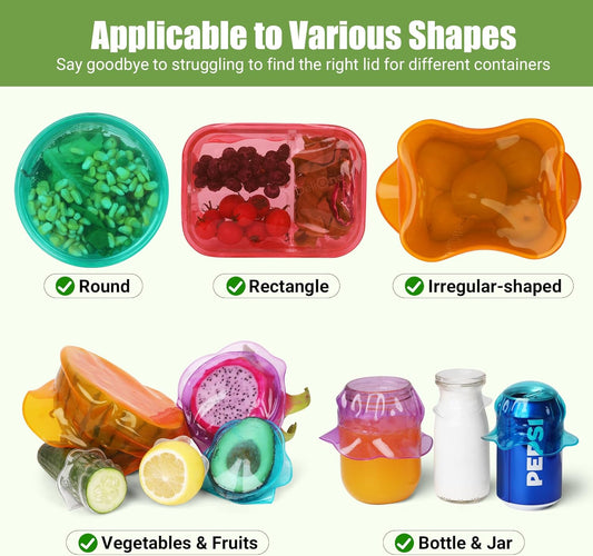 Silicone Stretch Lids for Food Storage in Fridge, Reusable Elastic Bowl Covers for Cup, Cans, Jars, Round & Rectangle Container, Food Grade Silicone Microwave Food Cover, Heat-Resistant, 6PCS
