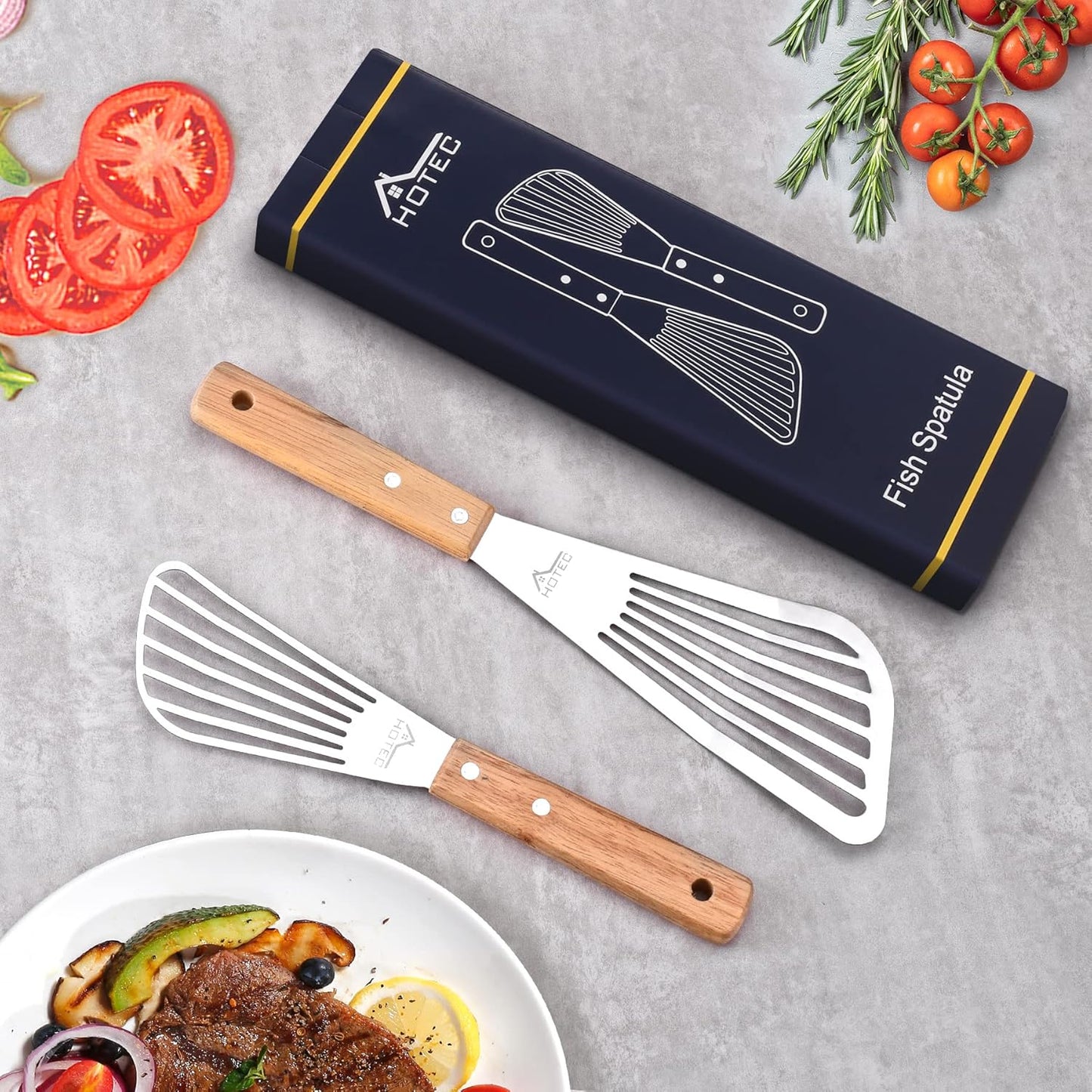 2pcs Stainless Steel Wooden Handle Fish Spatula, Metal Spatula Flipping Foods