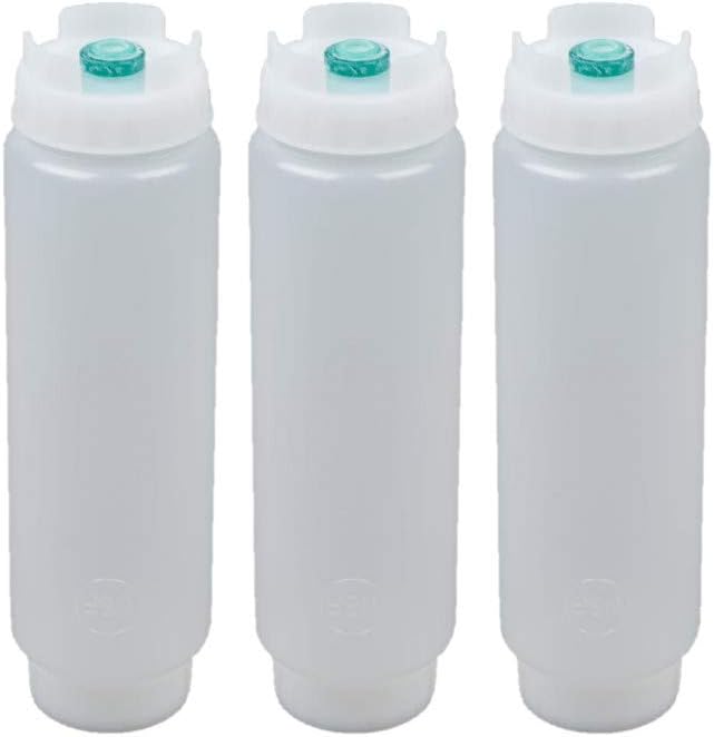 Squeeze Bottle Refillable 16 oz | Green Tip Small Valve Dispenser for Thin Condiments, Sauces, Batter and Dressing | Self Sealing No Drip No Hassle | (3 Pack)