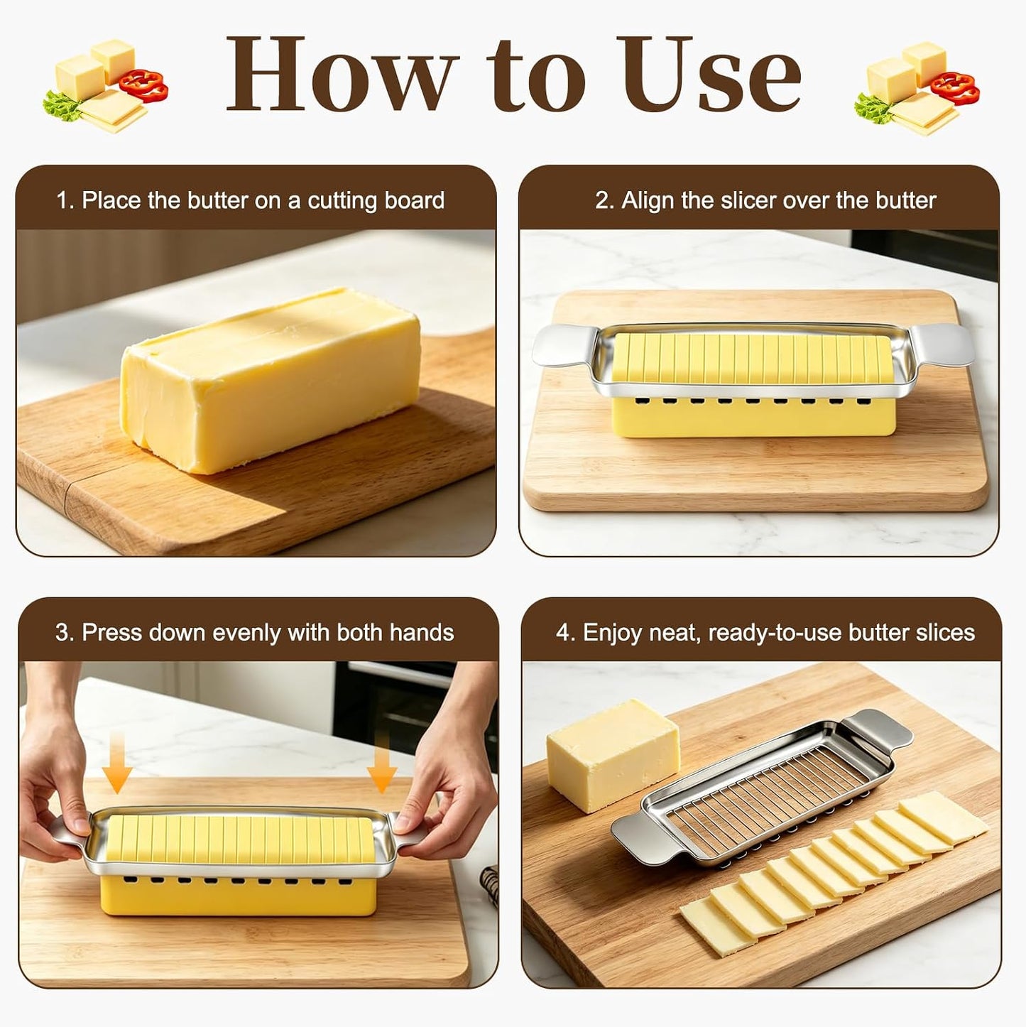 Butter Cutter and Cheese Slicer, Dishwasher-Safe Stainless Steel | Wire slicer for butter sticks, soft cheese, eggs, tofu, fruit, and lunch meat; ergonomic grip, easy cleanup