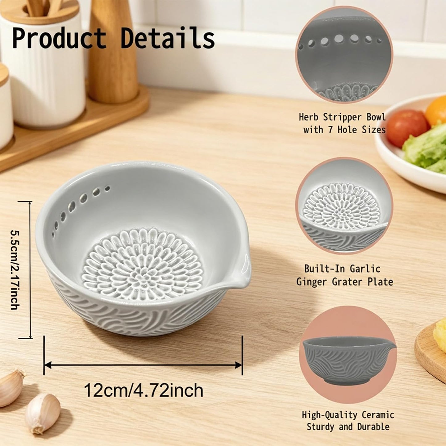 Ceramic Herb Stripper and Garlic Ginger Grater Bowl, 3-in-1 Kitchen Tool | Handmade Ceramic 7-Hole Herb Kale Stripper & Grater Bowl with Pour Spout, Space-Saving, Kitchen Cooking Effortless Prep Tool