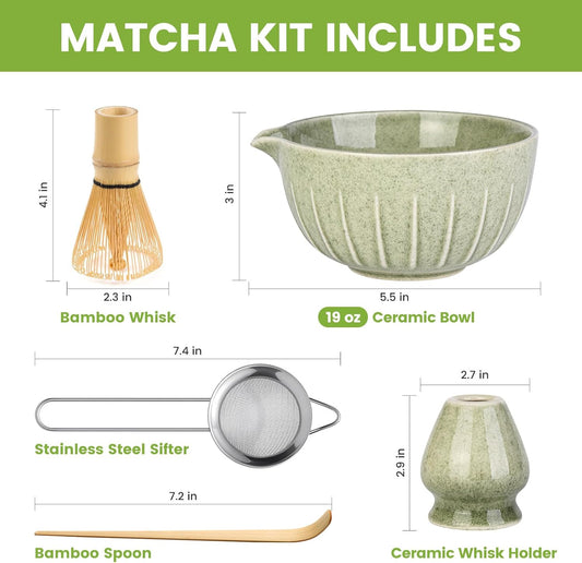 Matcha Whisk Set, Japanese Tea Set (5pcs) includes Matcha Bowl with Spout (19 oz), Bamboo Whisk, Matcha Scoop, Matcha Whisk Holder (Chasen Holder), Stainless Steel Sifter, Macha Kit