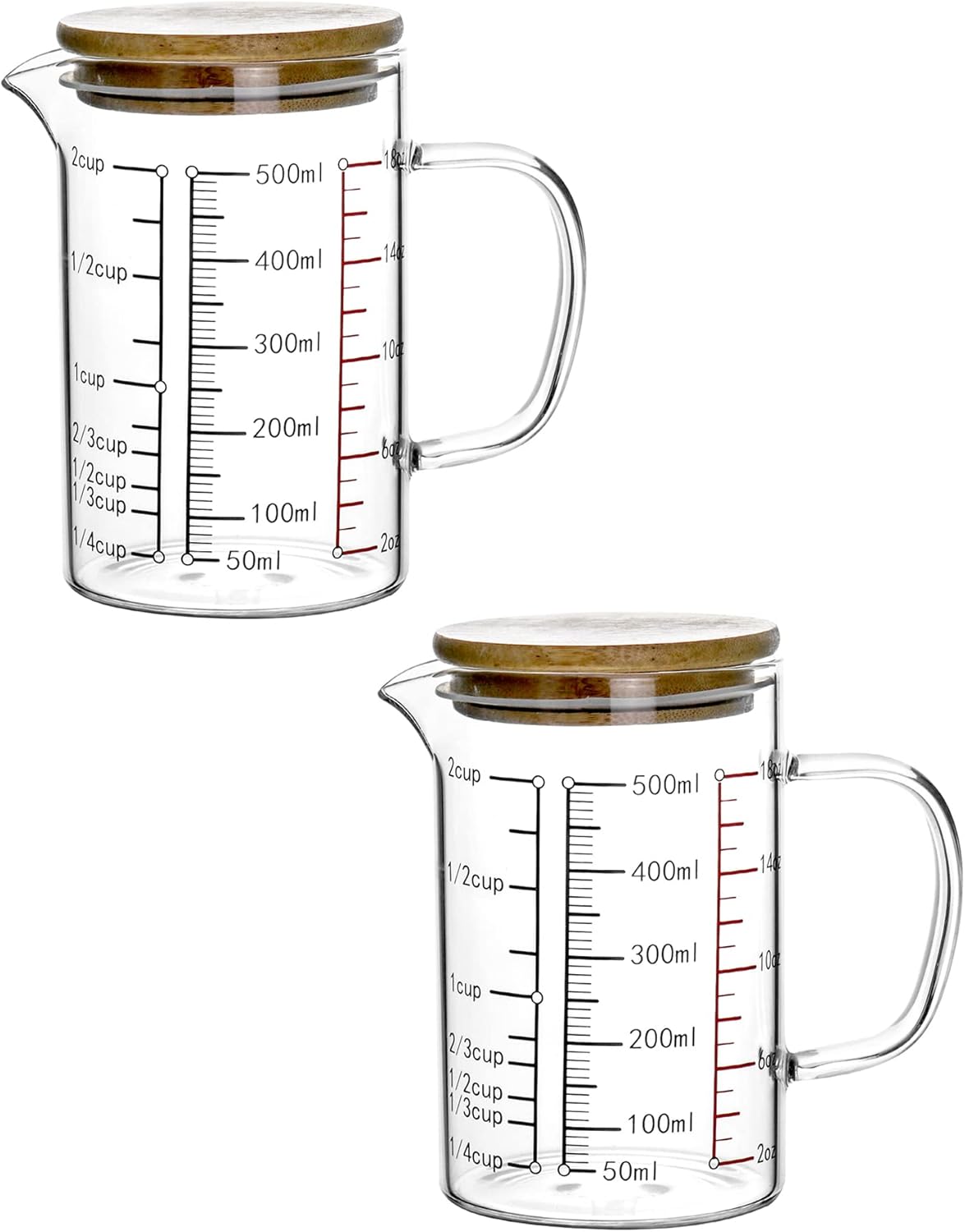 Glass Measuring Cup, 500ML (18 Oz, 2 Cup), High Borosilicate Glass Scale Cup with Handle and Durable Bamboo Lid, for Kitchen or Restaurant