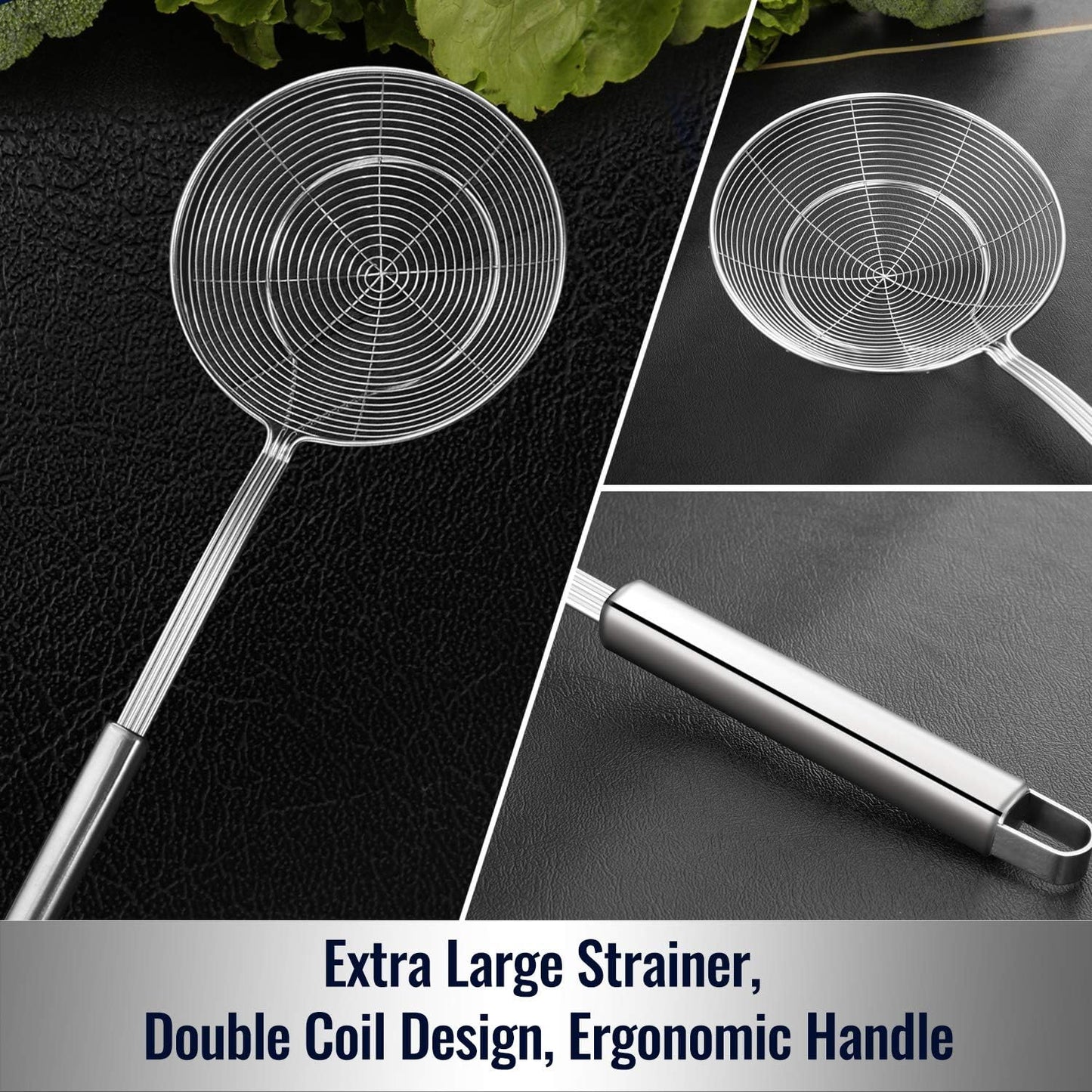 Solid Stainless Steel Spider Strainer Skimmer Ladle for Cooking and Frying, Kitchen Utensils Wire Strainer Pasta Spoon, 5.4 Inch