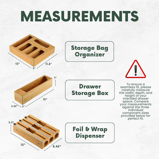 9 in 1 Bamboo Storage Bag Organizer for Kitchen Drawer, Bamboo Kitchen Drawer Organizer with Cutter, Foil and Plastic Wrap Dispenser, Ideal Storage for Gallon, Quart, Sandwich and Snack Bags