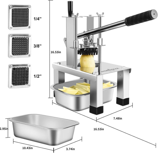 French Fry Cutter for Potatoes, Heavy Duty 304 Stainless Steel Potato Cutter with 3 Blades 1/2”, 3/8”, 1/4”, Stainless Bowl & Brush, Manual Vegetable Chopper for Home Restaurant