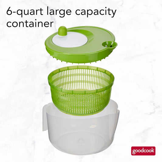 Deluxe Salad Spinner - 6 Qt. Capacity, Easy Turn Knob, Built-In Pour Spout, Multi-Use Basket, Durable and Dishwasher-Safe, Large Capacity, Green