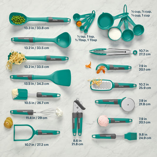 22-Piece Kitchen Cooking Utensils Set, Nonstick Cooking Gadgets | Spatulas, pizza wheel, grater, measuring, made without lead, cadmium, & BPA