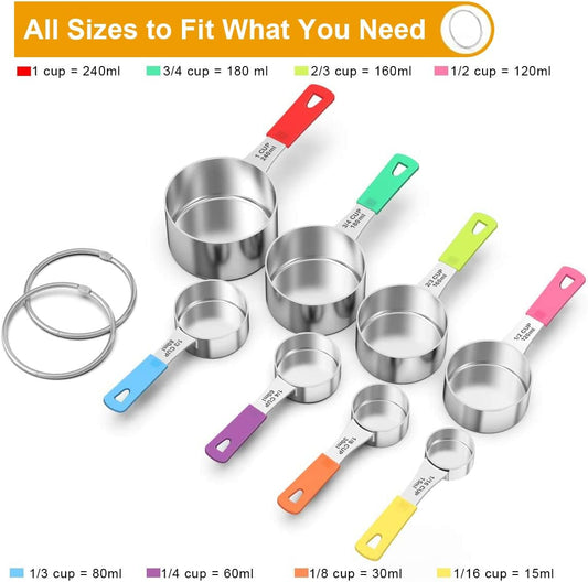 Stainless Steel 8-Piece Measuring Cups Set with Silicone Handle | Kitchen Gadgets for Cooking & Baking, Dishwasher Safe