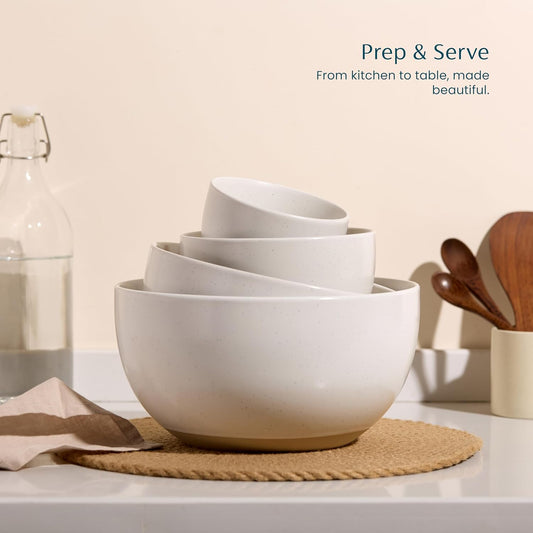 Mixing Bowls, Ceramic Nesting Bowls, Stoneware Kitchen Bowls, For Prep, Serving, Dishwasher Safe, 18/40/90/140 oz, Set of 4, Moonstone