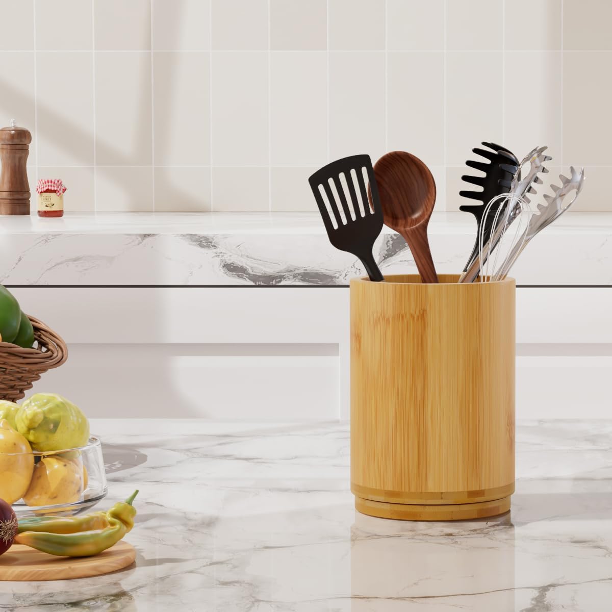 Utensil Holder, Acacia Wood Kitchen Utensil Holder for Countertop, 360°Rotating Cooking Utensil Crock for Kitchen Counter, 7.2" Large Utensil Organizer for Spatula