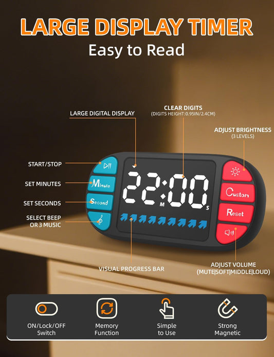 Digital Kitchen Visual Timer: 3.6'' Large LED Display, Magnetic, 3 Brightness, 4 Alarms and Volume, Memory Function, Countdown Count up for Cooking, Classroom, Home Gym, AAA Battery Included