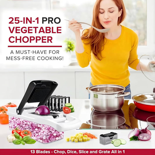 25-in-1 Vegetable Chopper with Container, Stainless Steel Blades