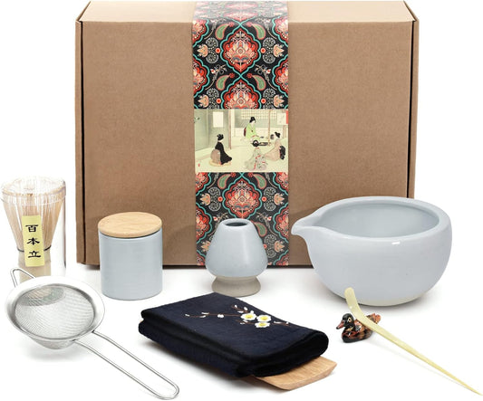 9Pcs Japanese Matcha Tea Set, Matcha Bowl with Pouring Spout, Matcha Whisk, Ceramic Whisk Holder, Tea Scoop, Matcha Powder Caddy, Traditional Handmade Matcha Ceremony Gift Box Kit
