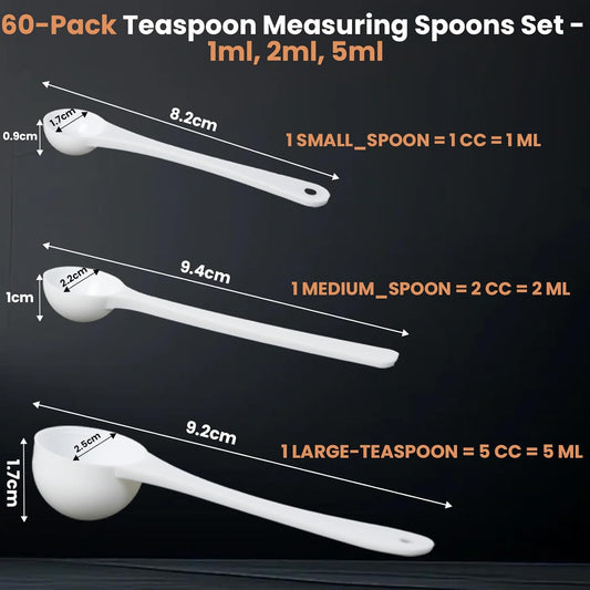 60-Pack Plastic Teaspoon Measuring Spoons, 1/2/5ml, for Baking & Coffee | Accurate Measurements for Baking & Coffee. Food-Grade Plastic, Easy to Clean. Stackable for Compact Storage.