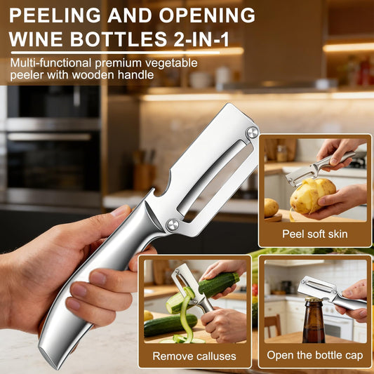 2pcs Multi-Functional Vegetable Peeler for Kitchen,2-In-1 Stainless Steel Kitchen Tool for,stainless steel sharp blade with bottle opener,Suitable for fruits and vegetables