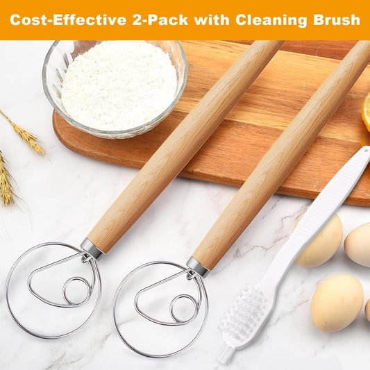 Aqdocvf 2‑Pack Danish Dough Whisk,13‑Inch Dutch Whisk with Cleaning‑Brush | Bread Whisks with Food‑Safe Stainless‑Steel Ring, Dishwasher‑Safe for Sourdough, Pizza, Pastry, Home Baking & Cookie Making