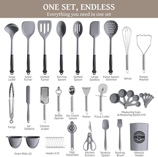 43Pcs Large Kitchen Utensils Set - Silicone Cooking Utensils Set, Dishwasher Safe Spatula Set for Non-stick Cookware, 446°F Heat Resistant Kitchen Utensils Set with Holder BPA Free, Grey